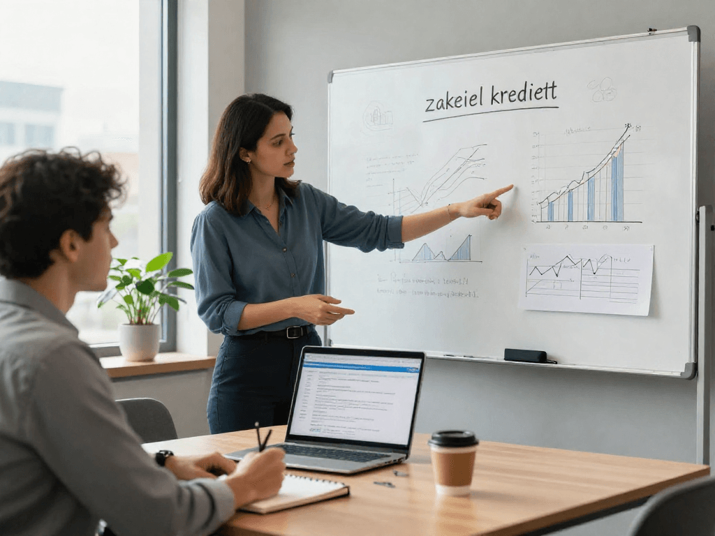 Adviseur bespreekt zakelijk krediet mogelijkheden met ondernemer in moderne kantoorruimte.