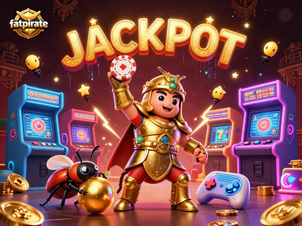 Experience the thrill of fatpirate as a victorious beetle lifts a poker chip amid a colorful casino scene.