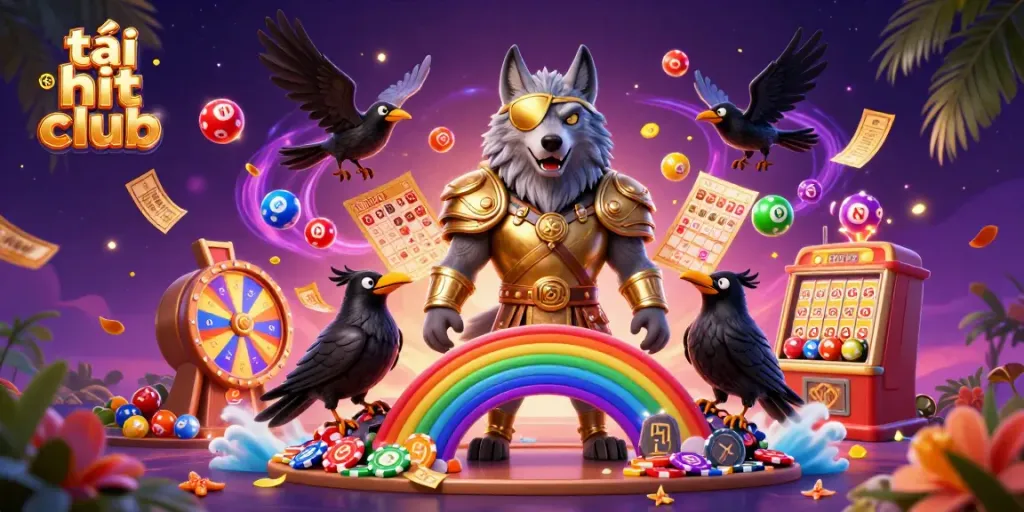 Experience thrilling excitement at Hit Club with vibrant gambling themes and characters in this 3D illustration.
