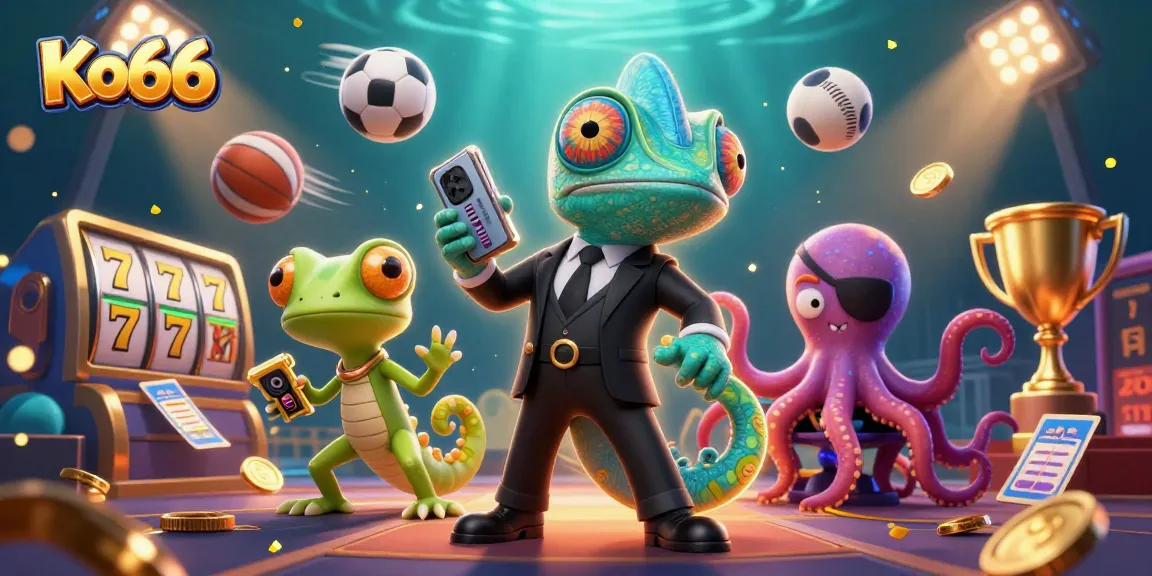 Win big with Ko66! Colorful illustration of a chameleon agent, gecko sidekick, and octopus villain in an exciting casino scene.