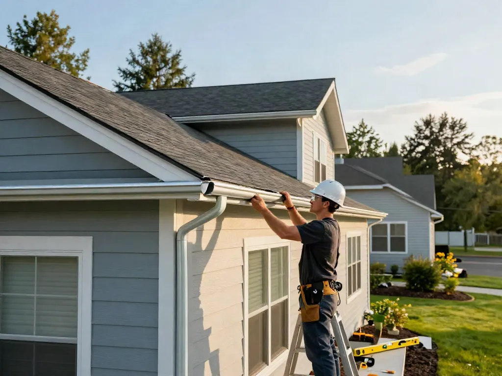 Spokane gutter installation in progress with a contractor expertly installing seamless gutters on a residential home.