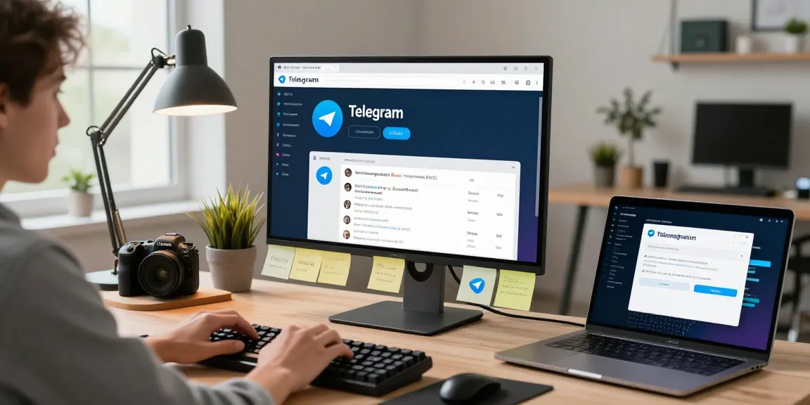 User engaged in Telegram Web Version on desktop in modern workspace with productivity tools and natural light.
