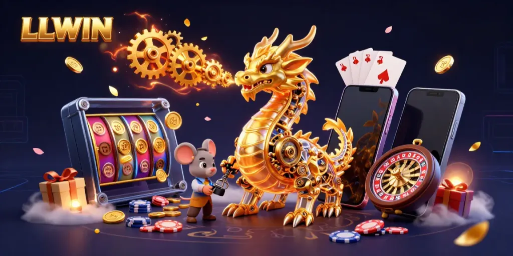 Engage in thrilling gameplay with LLWIN, supported by a golden dragon and slot elements.