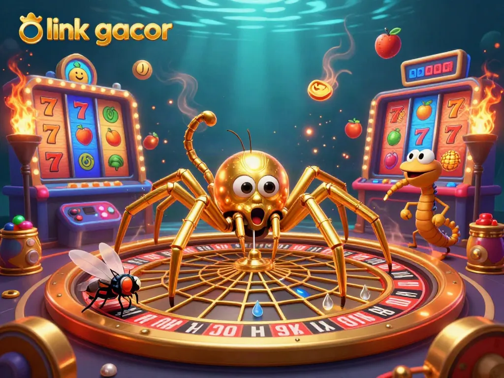 Experience the excitement of link gacor gaming with a golden spider croupier and lively slot game symbols.