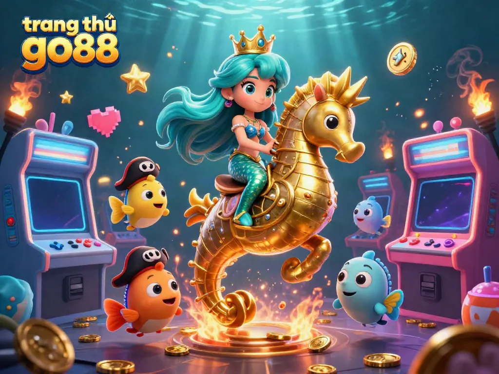 Engage with the vibrant scene depicting trang chủ go88, featuring a mermaid princess on a seahorse amidst colorful games and coins.