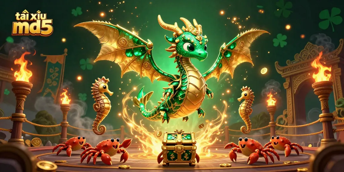 Engage with tài xỉu md5 through a mystical underwater scene featuring dragon, chest, and thematic casino elements.