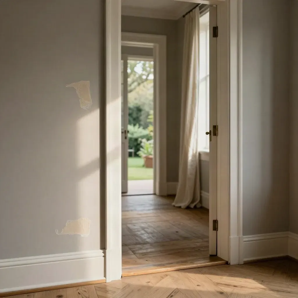 Verkoopklaar frontroom met pleisterreparatie, verschoonde plint en licht uit de tuin