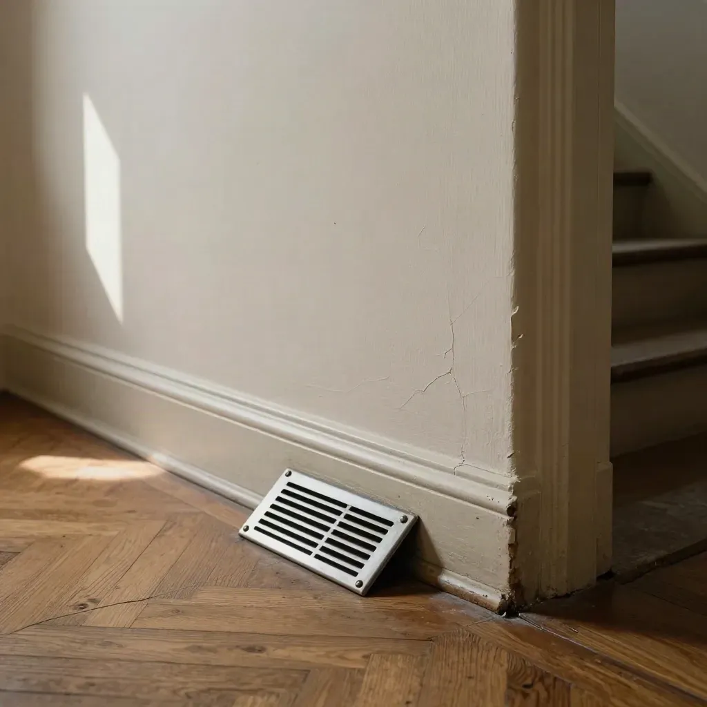 Hal van een jaren-30 huis met los vloerrooster, scheurtjes in de muur en licht bij de trap.