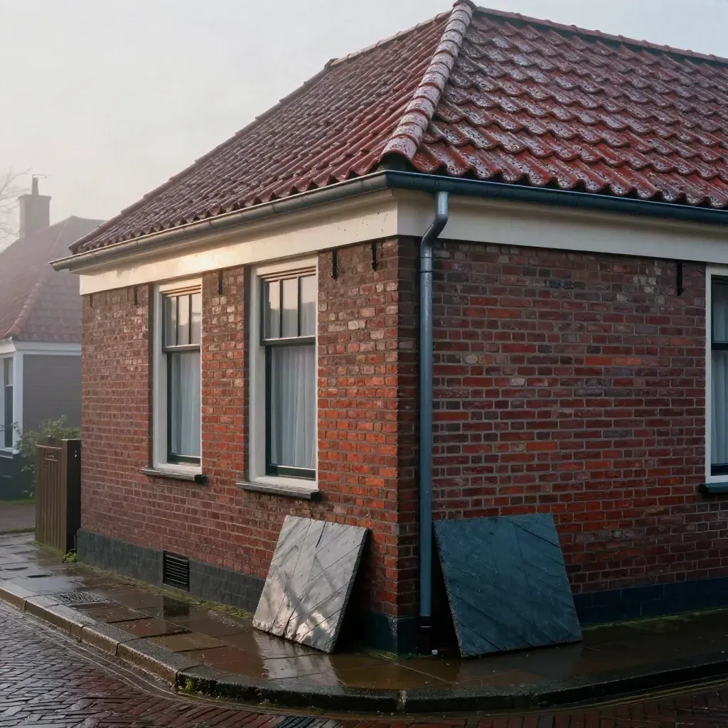 Natte hoek van een Nederlands rijtjeshuis met dakpannen en inspectiesample in mistig ochtendlicht.