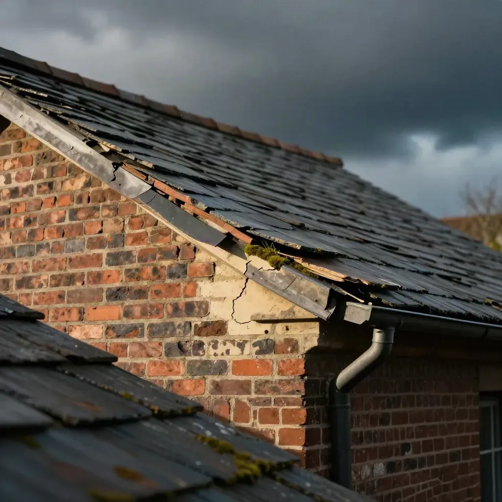 Dakrand na storm met verschoven pannen, mos in de goot en scheur in het metselwerk.
