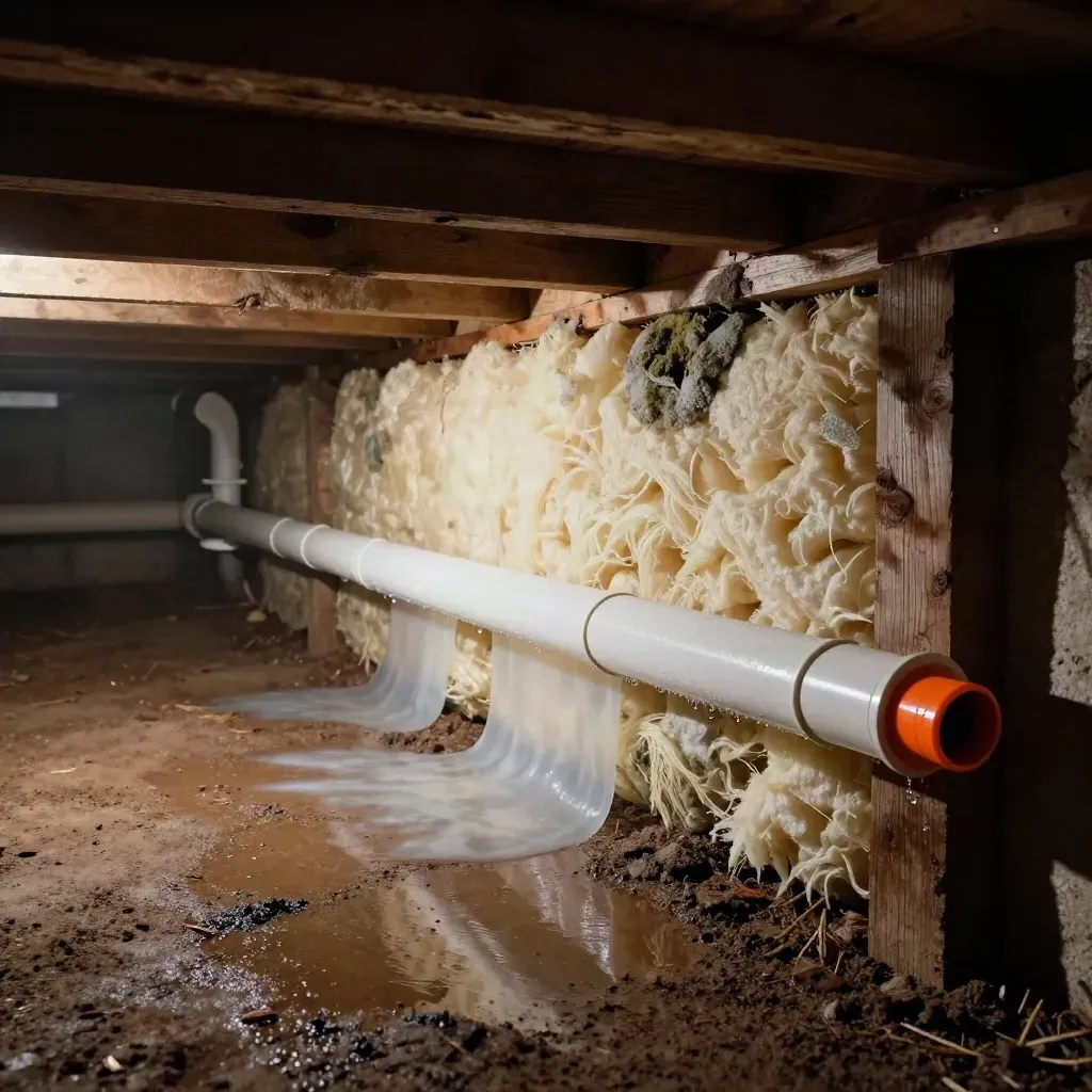 Kruipruimte met stilstaand vocht, witte leidingen, schimmel op isolatie en schuin invallend licht