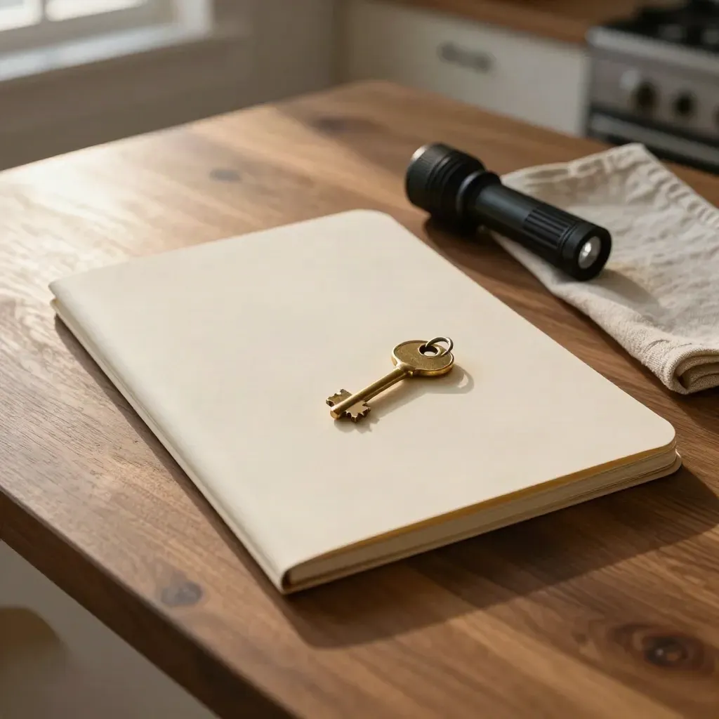 Inspectiekit met map, notitieboek, sleutel en zaklamp op houten keukentafel in ochtendlijk licht