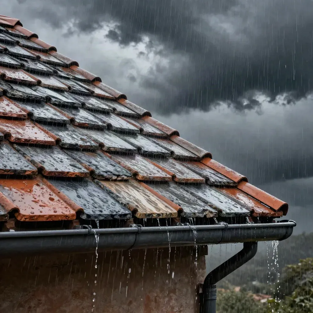 Regen op een schuin dak met dakgoot, losse dakpan en opspattend water.