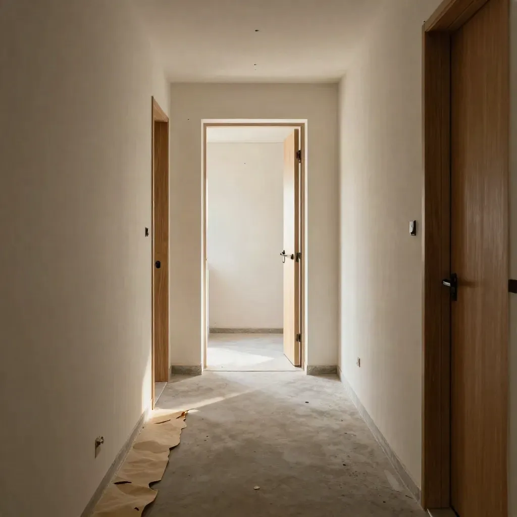 Nieuwbouwgang met losgepeelde vloerfolie, ruwe pleister en namiddaglicht.