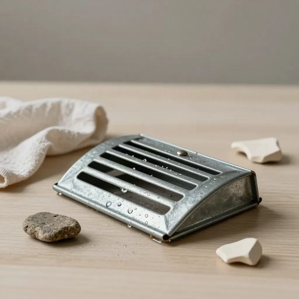 Galvaniseerd ventilatierooster met condens, natte steen en gevouwen doek op licht hout.