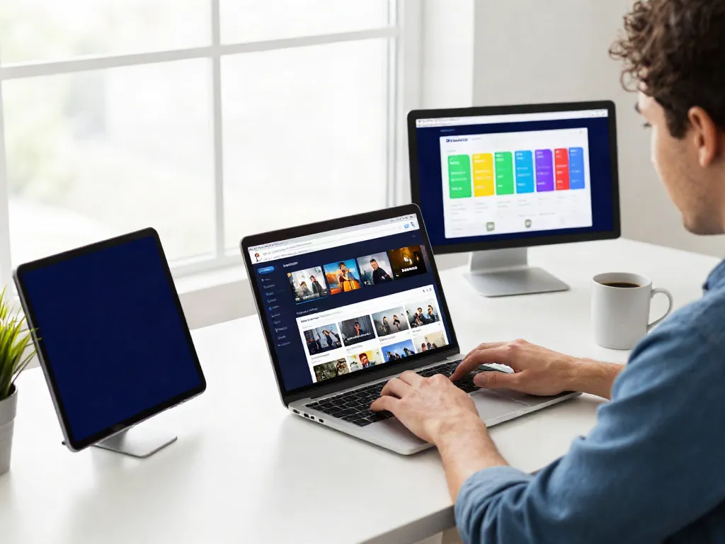 Free download scene with a user downloading Pikashow content on a laptop in a bright workspace.