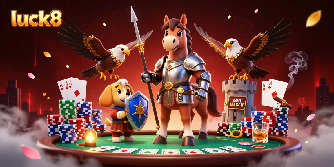 Win big at luck8 with vibrant poker showdown featuring a knight, puppy, and falcon.