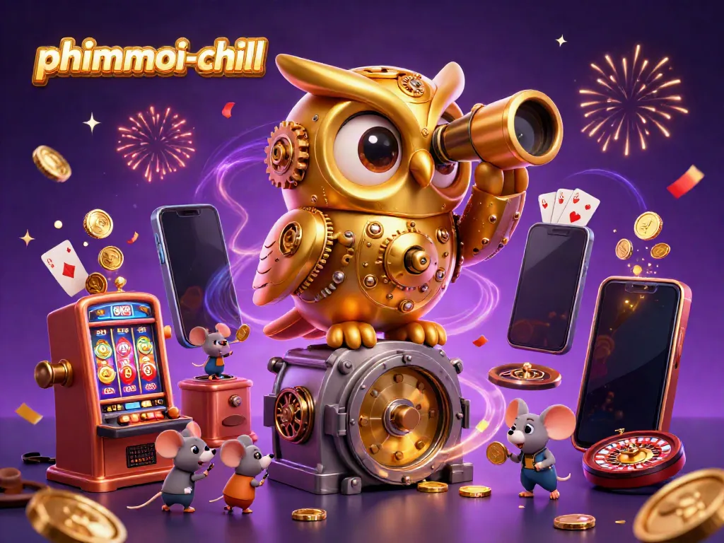 Experience the phimmoi-chill magic with a whimsical 3D owl on a casino vault as tiny mice enjoy vibrant slot games.