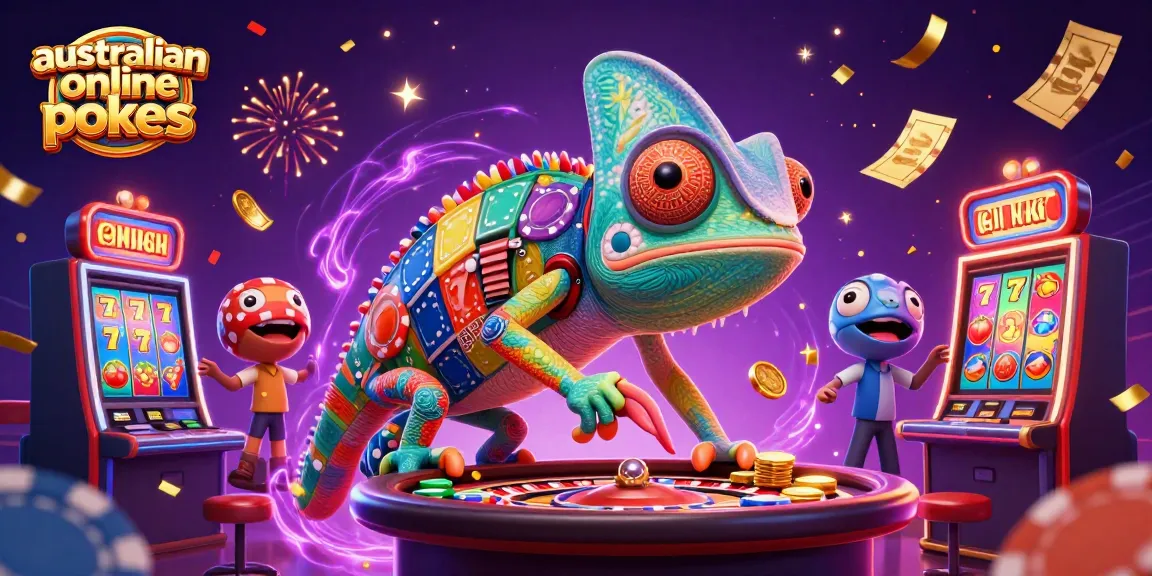 Experience exciting australian online pokies action with a colorful chameleon casino owner amidst vibrant slot reels and golden coins.