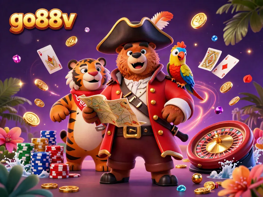 Join the casino adventure with go88v's pirate bear and tiger, playing cards, and rich poker chips.