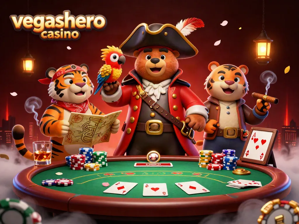 Engage with vegashero casino in this vibrant pirate-themed poker scene filled with action and excitement.