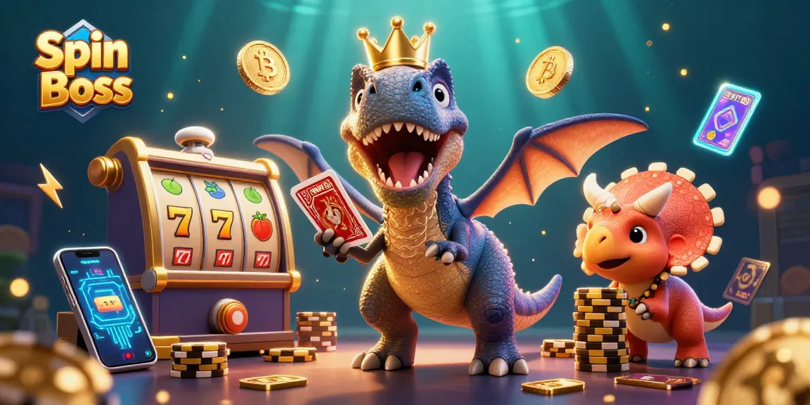 Spin Boss showcases a T-Rex shuffling cards, accompanied by a pterodactyl and baby triceratops stacking chips.