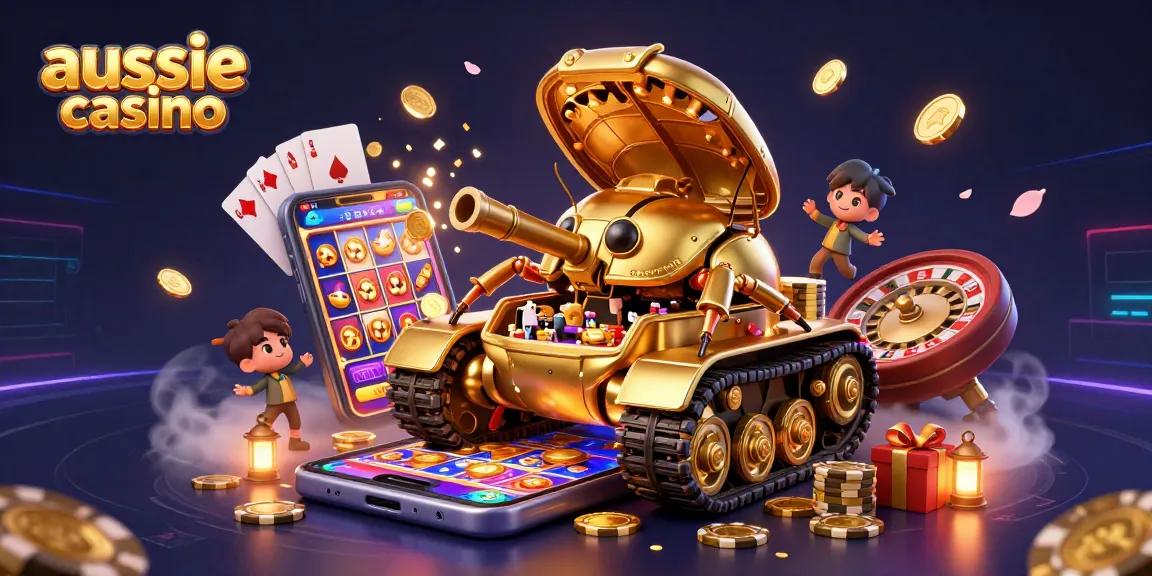 Aussie casino scene with a 3D golden beetle tank and colorful slot game elements creating excitement.