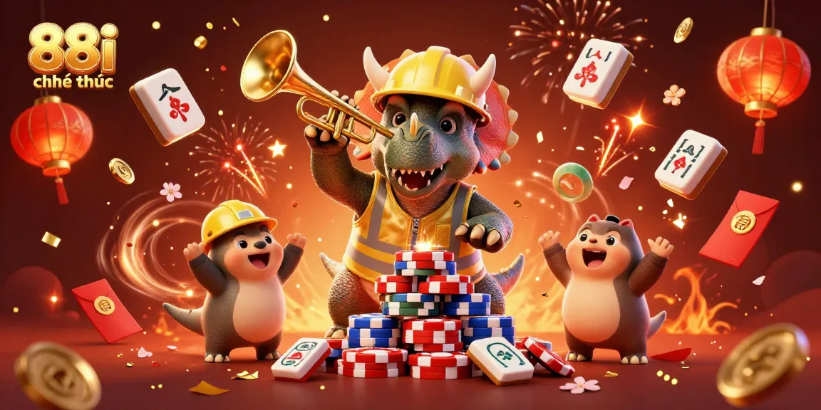 Experience the vibrant celebration of 88i chính thức with triceratops building poker chip pyramids amidst festive elements.