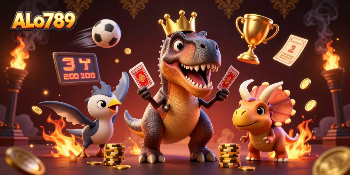 Engage with ALo789 as the friendly T-Rex shuffles cards in an exciting cockfighting arena scene.