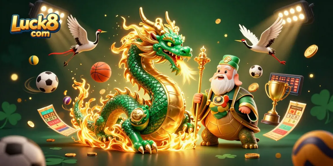 Experience the excitement of gambling at Luck8 com with a lavish 3D dragon and turtle scene.