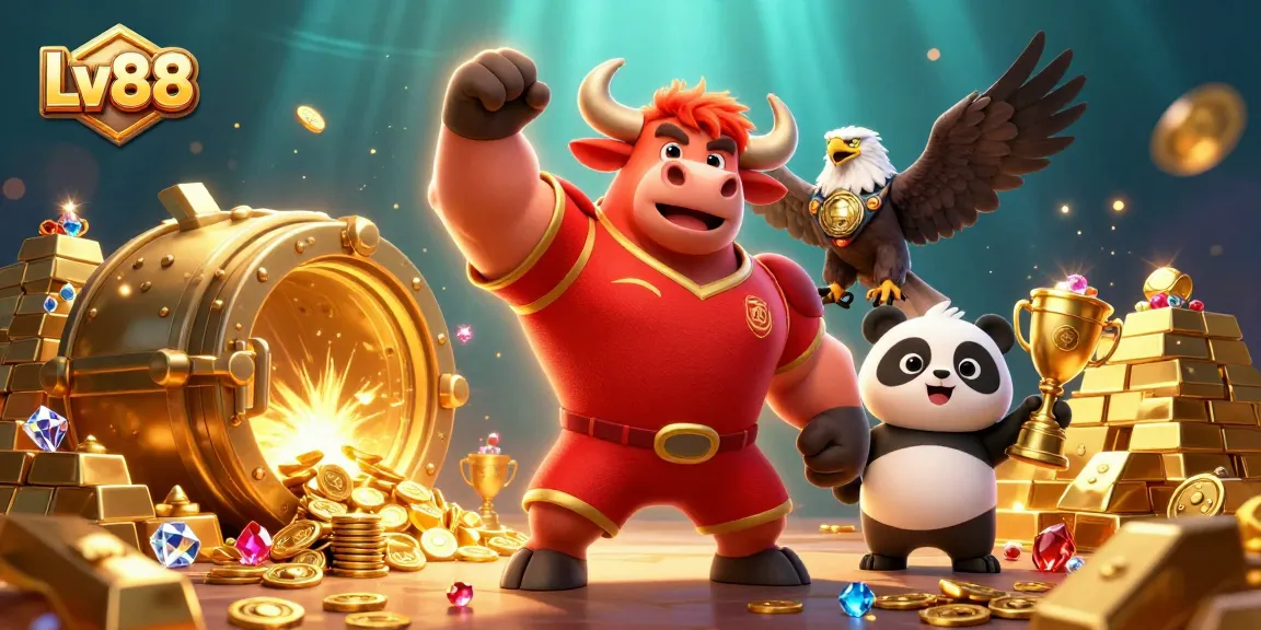 Experience thrilling wins at Lv88 with a vibrant 3D casino celebration featuring cartoon characters and treasure