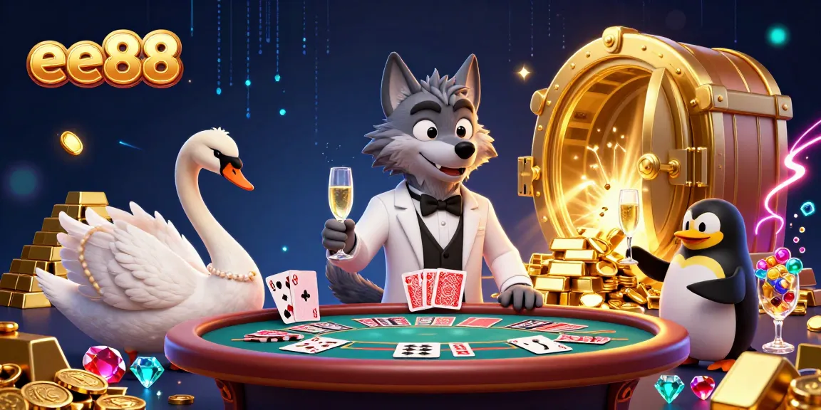 Experience the excitement at ee88 with a sophisticated casino scene featuring a debonair wolf, elegant swan, and stylish penguin.