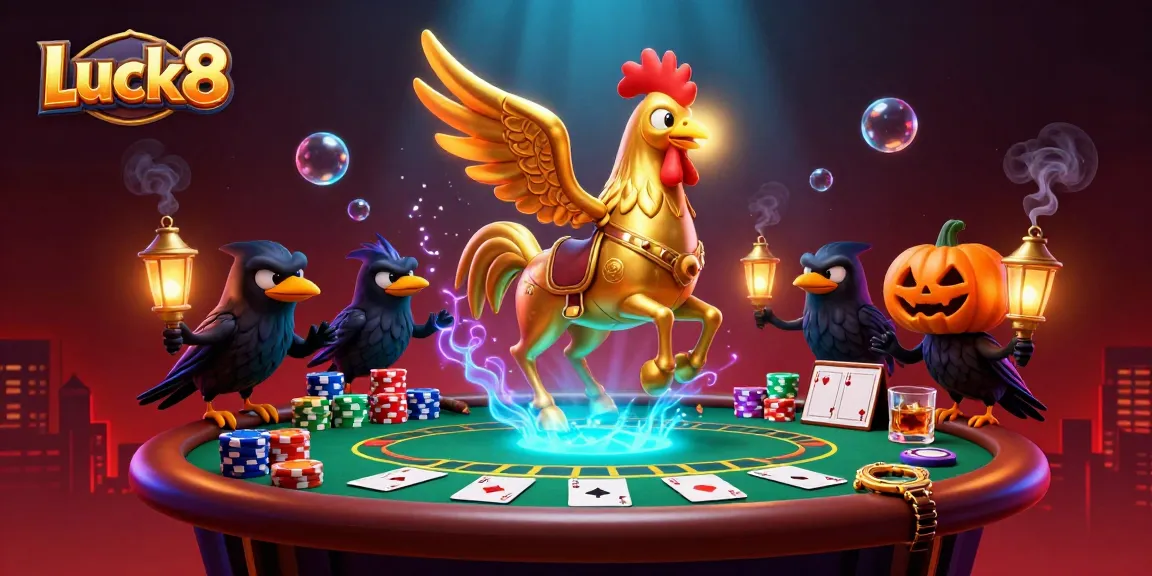 Luck8 highlights a thrilling poker scene with a golden rooster and spectral horse in a vibrant casino.