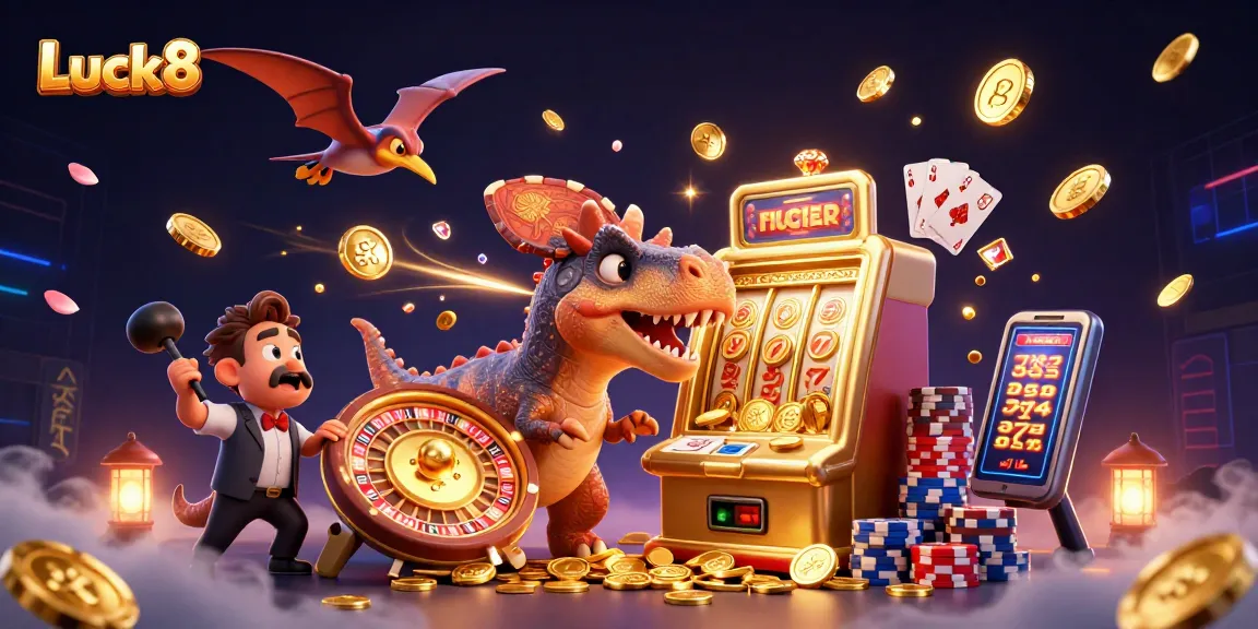 Luck8 attracts gamers with a vibrant casino scene of a dinosaur winning a jackpot.