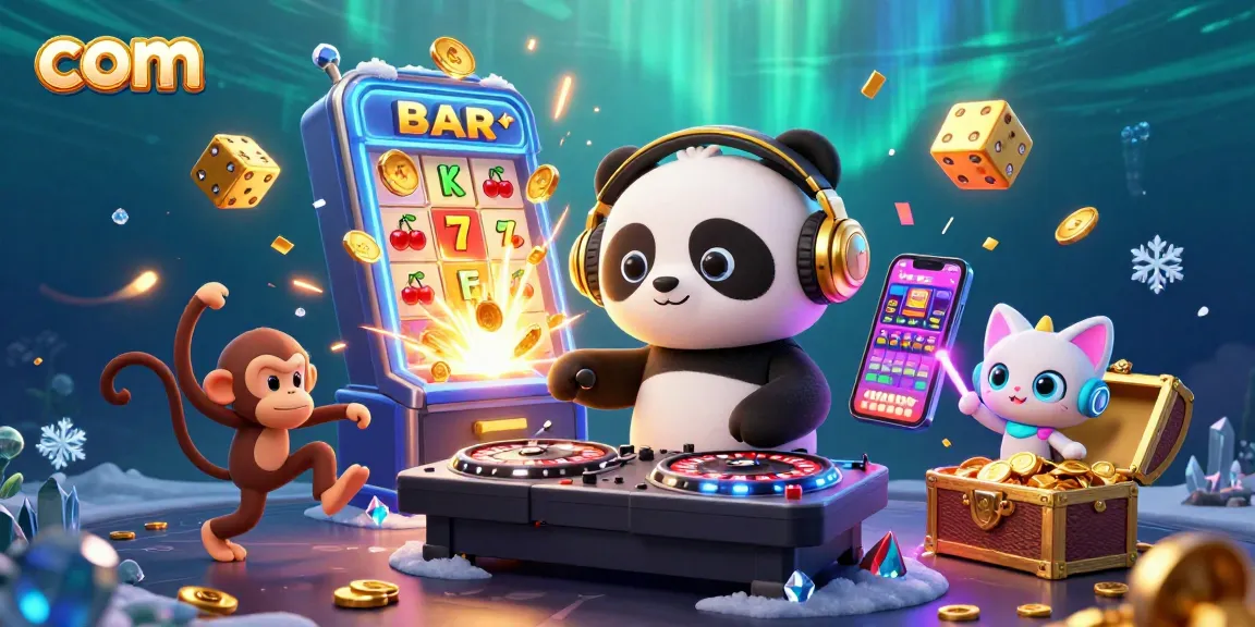 Engage with com in a vibrant casino scene featuring a DJ panda, breakdancing monkey and colorful games.